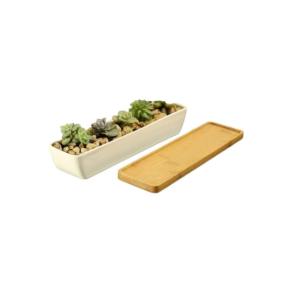 white indoor balcony modern square trough ceramic flower planter boxes for desk with bamboo holder