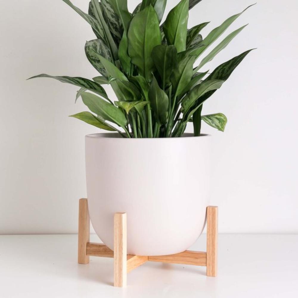 custom white modern large nordic ceramic egg shaped planter plant flower pot with on wood bamboo holder stand