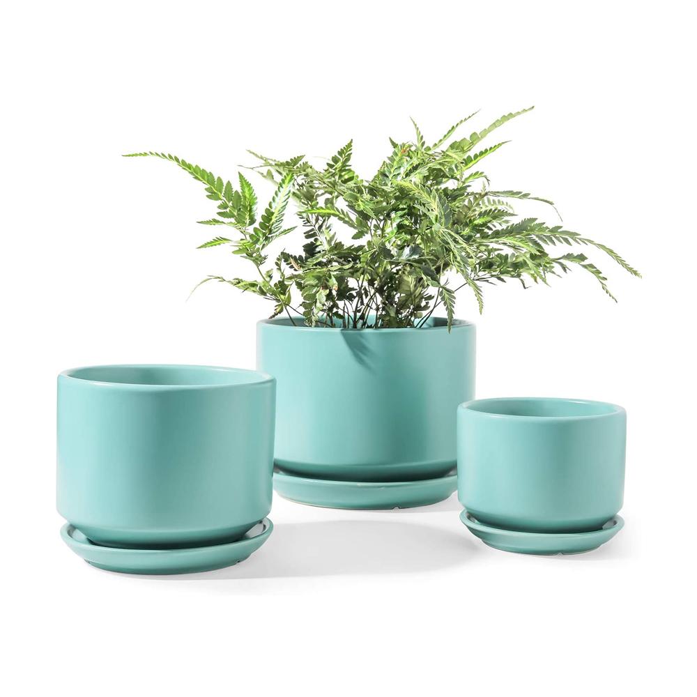 indoor round nordic blue pink modern design ceramic succulent flower pot planter set with tray saucer