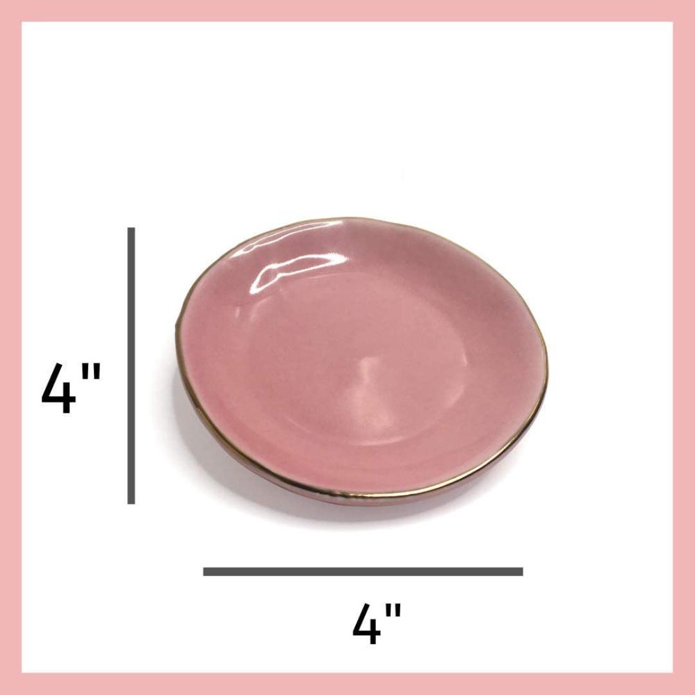 Pink Ceramic Jewelry Dish with Gold Rim Circle Trinket Tray Home Decor Wedding Birthday Gift for Her Desk Organize