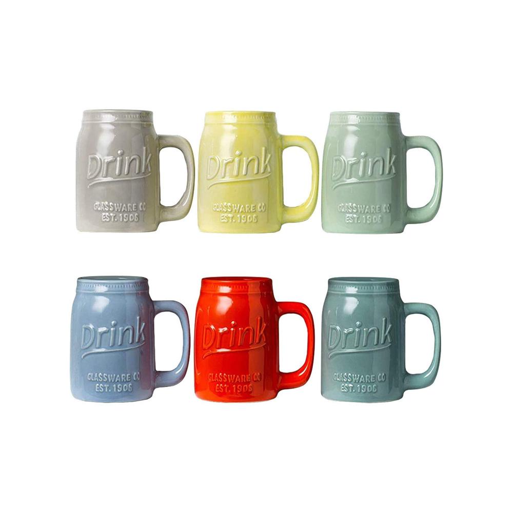 New Factory Custom yellow green ceramic mason jar shape coffee mug with handle