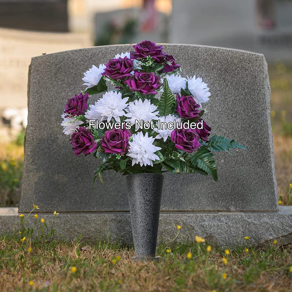 Black Granite Memorial Grave Resin Flowers Cemetery Vase with Stakes with Draining Holes for Garden Lawn Yard