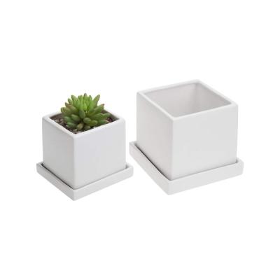 indoor 12cm rectangular cube outdoor white small modern ceramic succulent planter flower pots set with tray saucer
