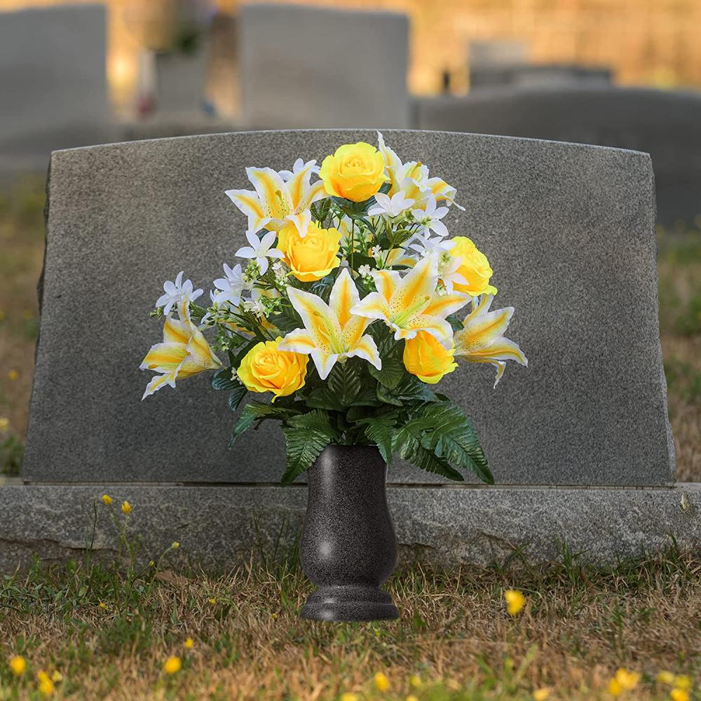 Black Granite Memorial Grave Resin Flowers Cemetery Vase with Stakes with Draining Holes for Garden Lawn Yard