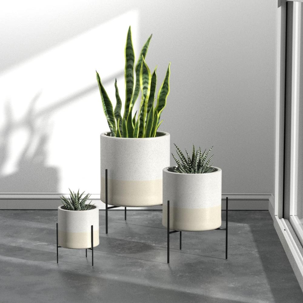 White medium Mid Century Modern Ceramic Planter Flower Pot for plant with metal Stand Holder