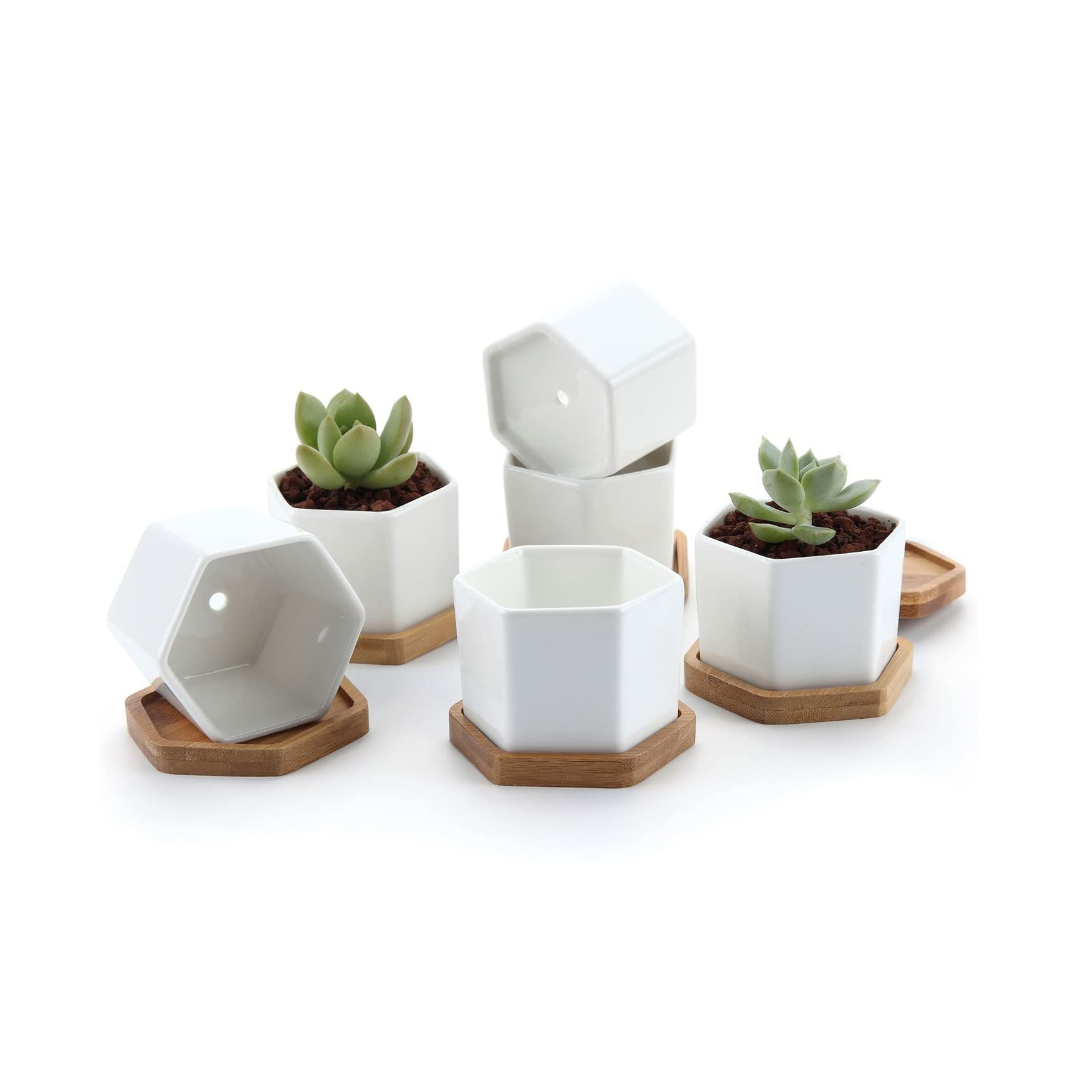 Hexagon Ceramic Succulent Planter Plant Pot With Bamboo Tray
