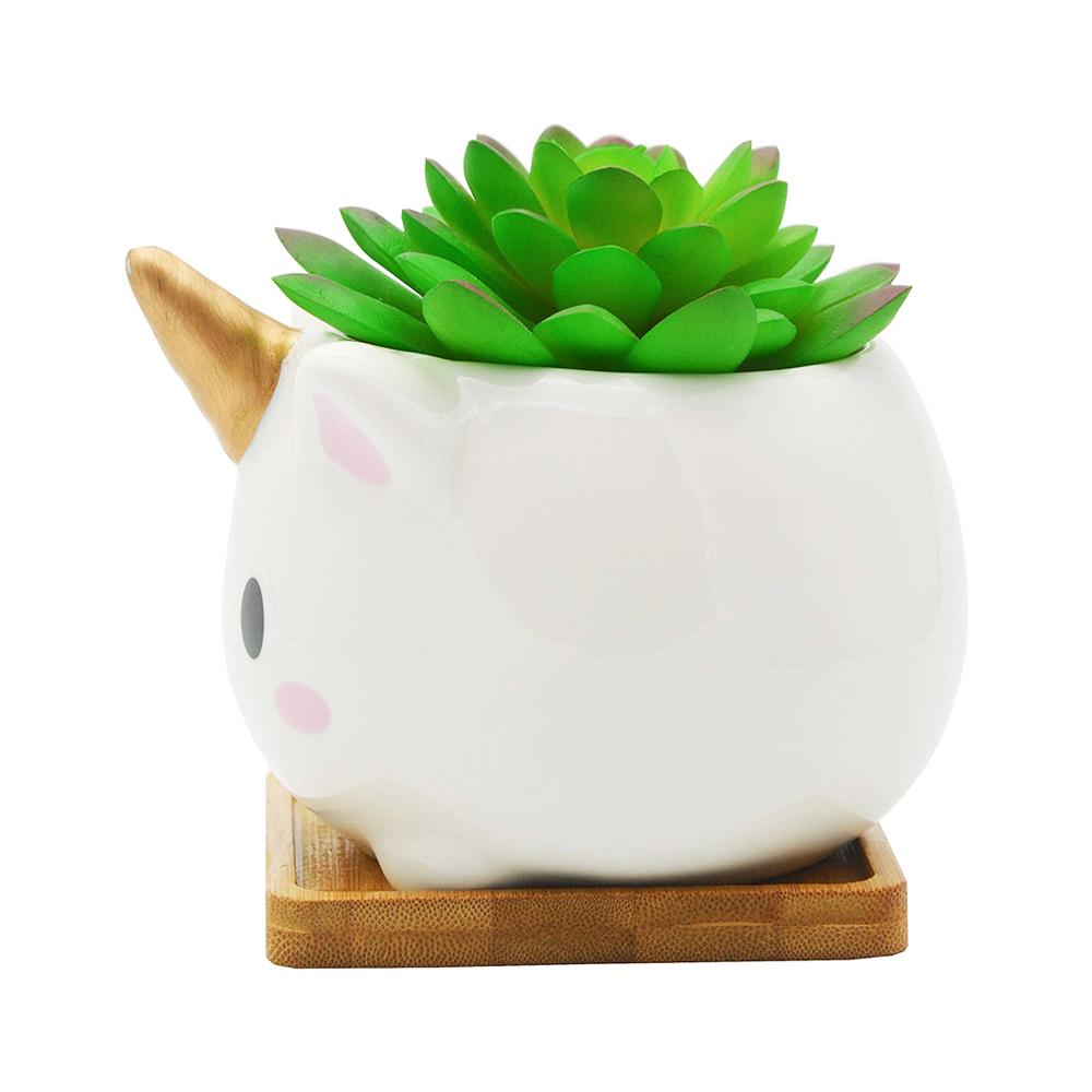 custom shape ceramic unicorn succulent flower planter plant pot with bamboo tray