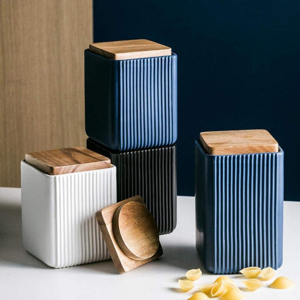 New Factory custom unique blue black elegant ceramic square jar for candle with bamboo wood lid