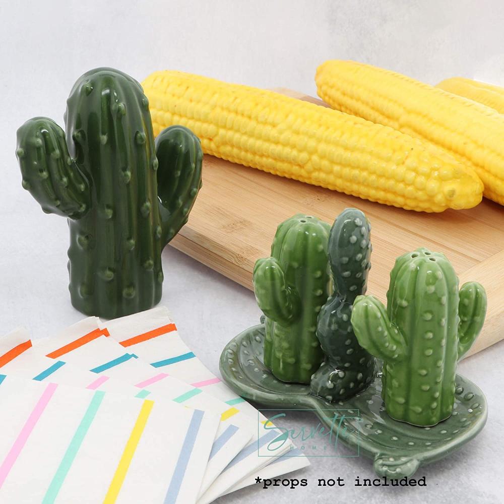 Cactus Ceramic Figurine and Novelty Salt and sugar Pepper Shakers set with Tray