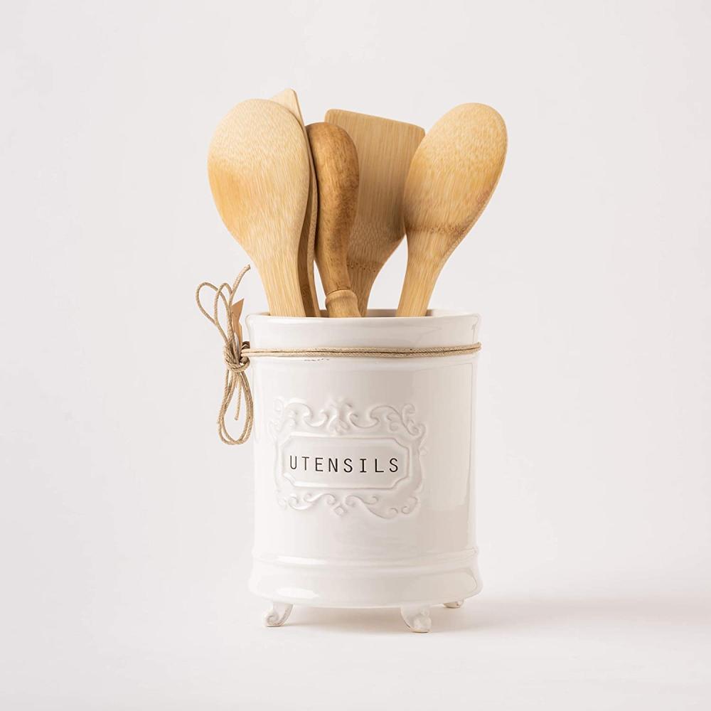 New Custom embossed White handmade kitchen ceramic canister utensils holder