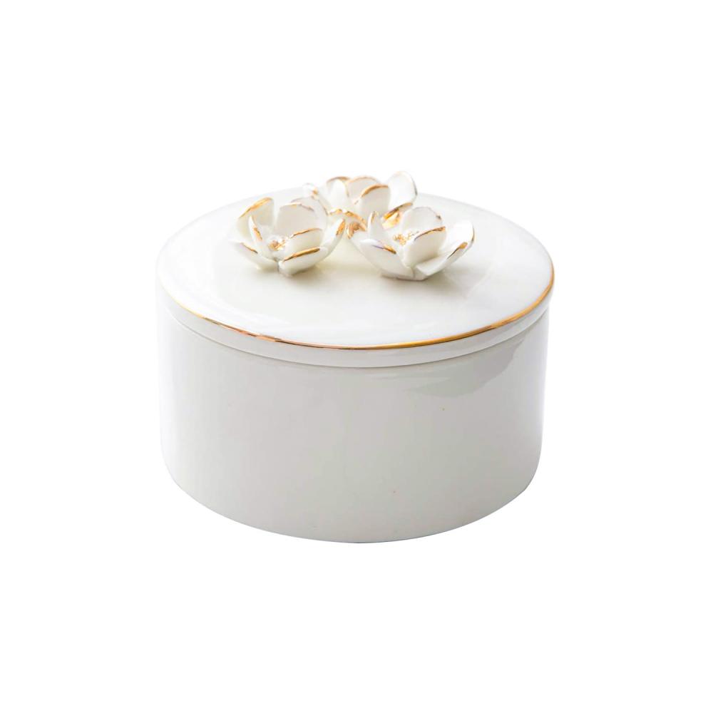 White Ceramic Ring Holder Trinket Jewel Box with Handmade Gild Edge Ceramic Flower Lid for Wedding Anniversary