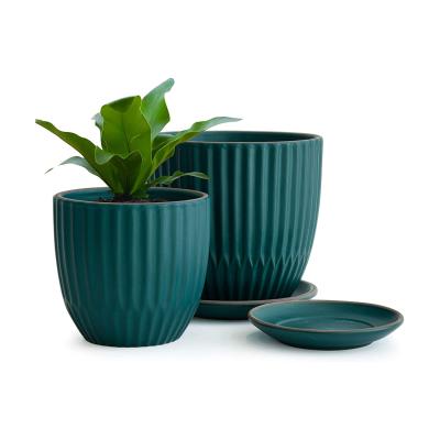 custom teal Dark Blue Green fancy Stoneware plant pot Drainage Hole and Saucers