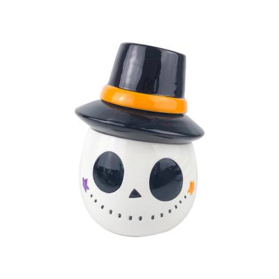 Halloween cartoon skull shaped ceramic storage cookie candy jar canister with lid