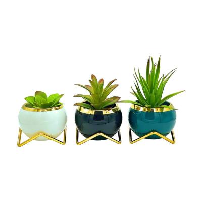 New Custom round nice mini small nordic modern ceramic succulent cactus flower pot with metal holder