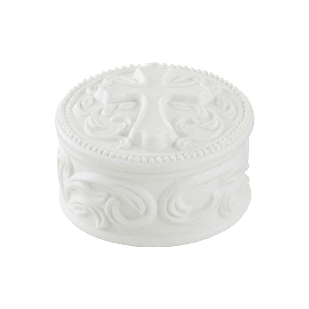 custom white embossed cross mini luxury Round Ceramics Ring Rosary Jewelry Box Accessories Storage Container with Lid