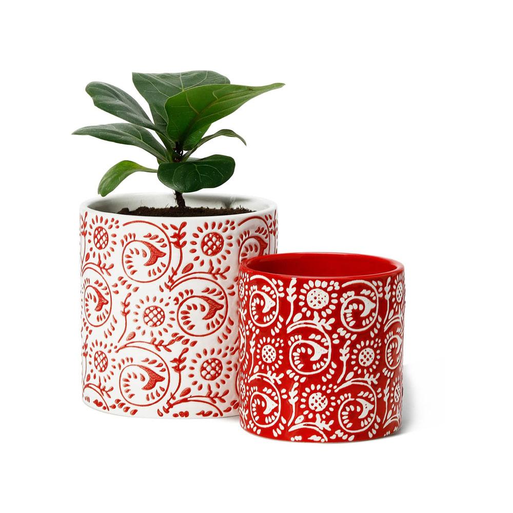 custom emboss ceramic red planter plant flower pot