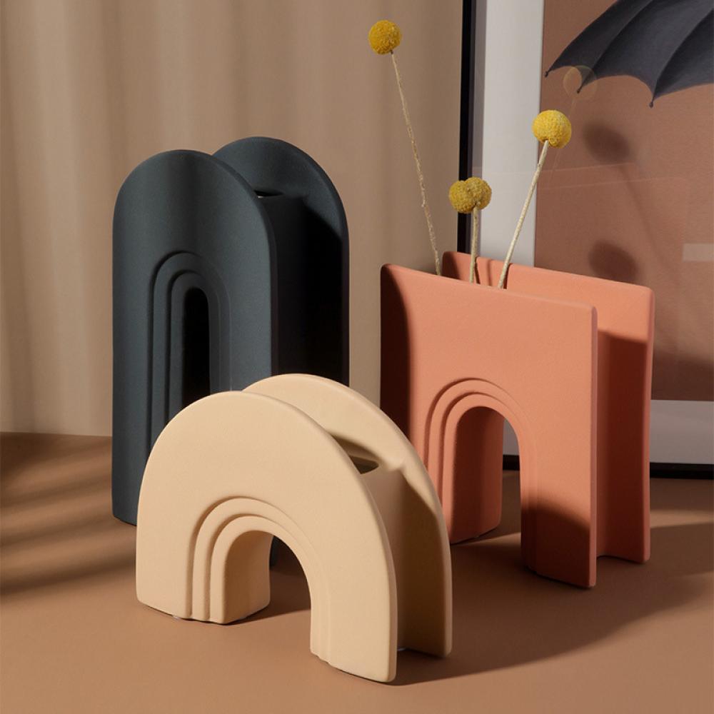 new product private label flat beige nordic minimalist style rainbow arch shape ceramic flower modern vase for home decor